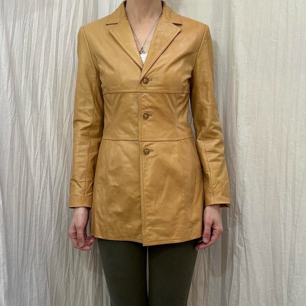 Women's Camel Leather Jacket Y2K Express size small‎